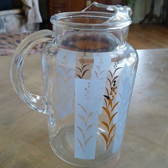 Vintage 7" MCM Frosted Glass Ice-Lip Pitcher Retro Glass Pitcher Blue Gold - Picture 5 of 8